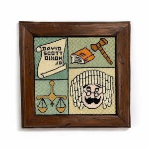 Vintage 70s Framed Crewel Embroidery Picture judge Dixon green brown